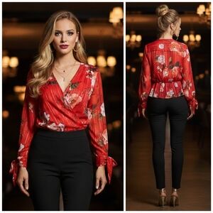 Guess XS Contemporary Romantic Feminine Resortwear Floral Peplum Surplice Blouse